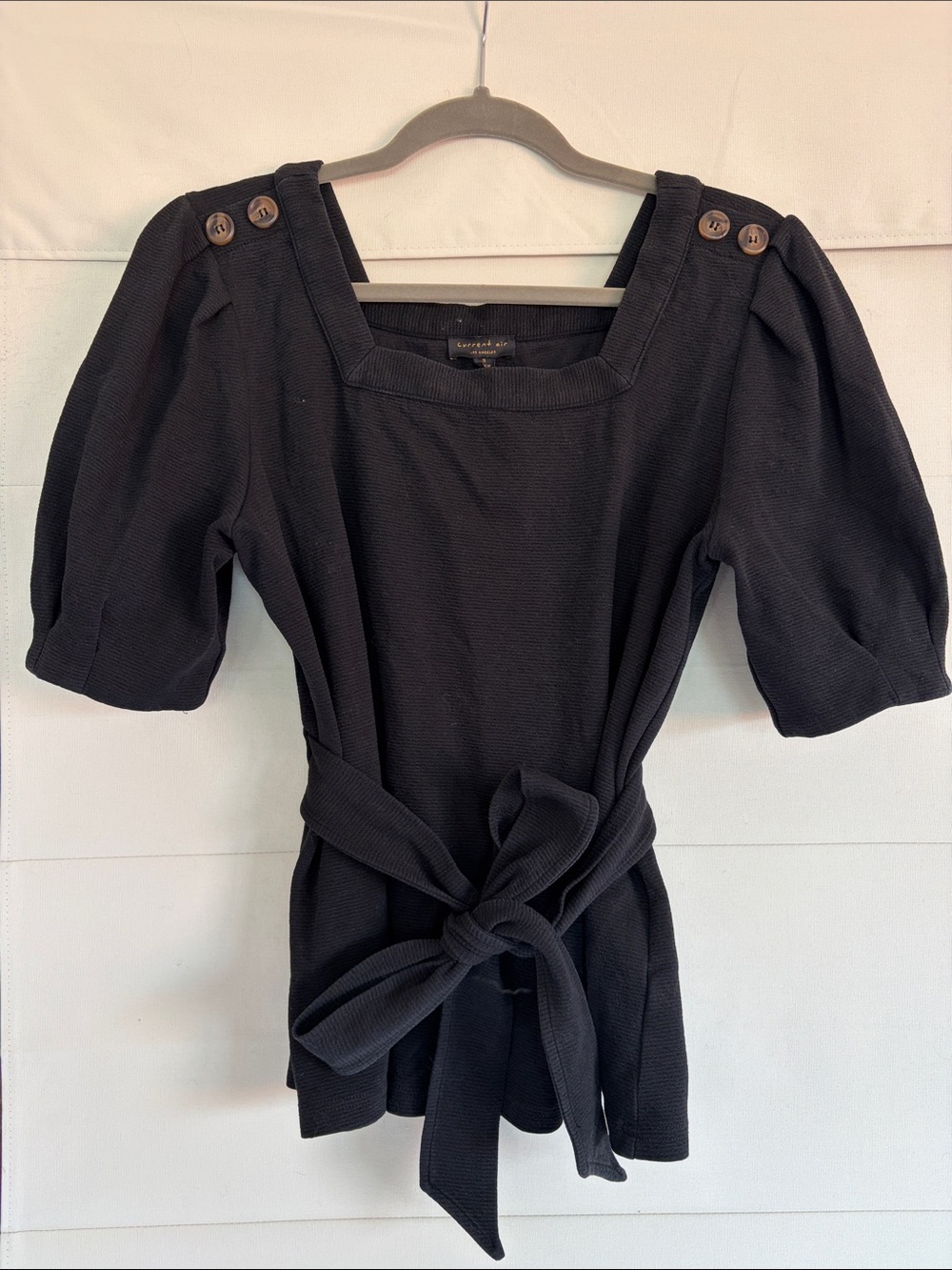 Current Air Black Square Neck Puff Sleeve Tie Waist Top